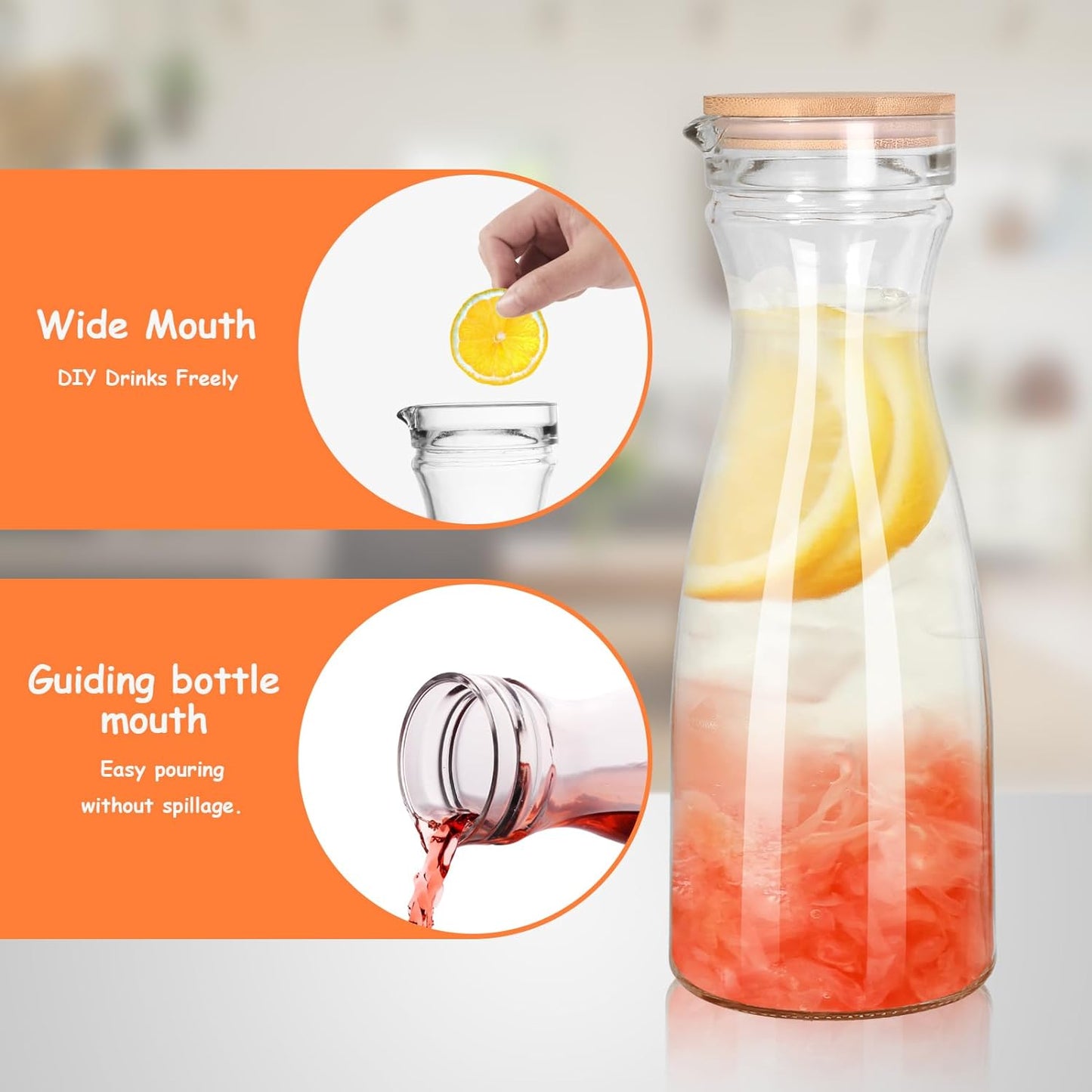 Set of 4 Glass Carafe with 4 Lids, 40 oz Beverage Pitcher Carafe Set for Mimosa Bar, 1 Liter Water Carafe, Juice Carafe for Brunch, Cold Water, Milk, Iced Tea, Lemonade - 4 Wooden Chalkboard Tags