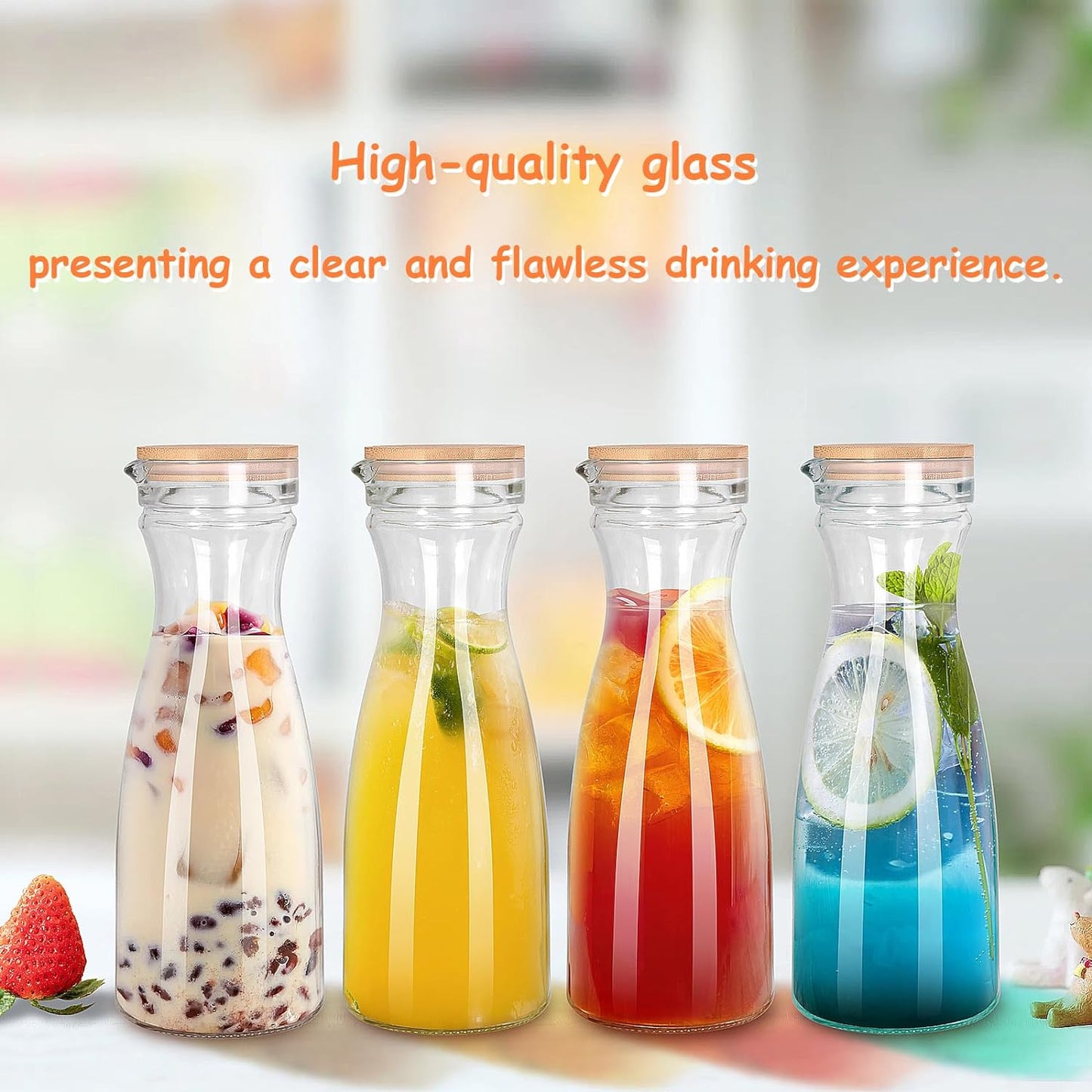 Set of 4 Glass Carafe with 4 Lids, 40 oz Beverage Pitcher Carafe Set for Mimosa Bar, 1 Liter Water Carafe, Juice Carafe for Brunch, Cold Water, Milk, Iced Tea, Lemonade - 4 Wooden Chalkboard Tags