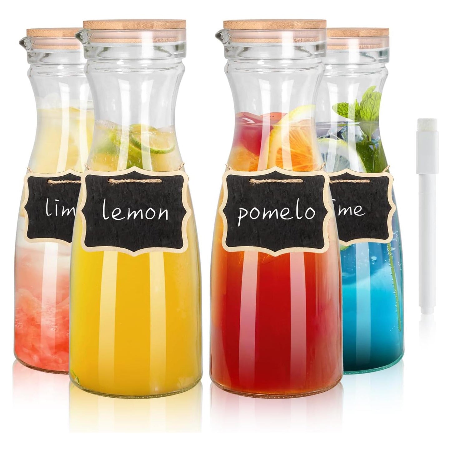 Set of 4 Glass Carafe with 4 Lids, 40 oz Beverage Pitcher Carafe Set for Mimosa Bar, 1 Liter Water Carafe, Juice Carafe for Brunch, Cold Water, Milk, Iced Tea, Lemonade - 4 Wooden Chalkboard Tags