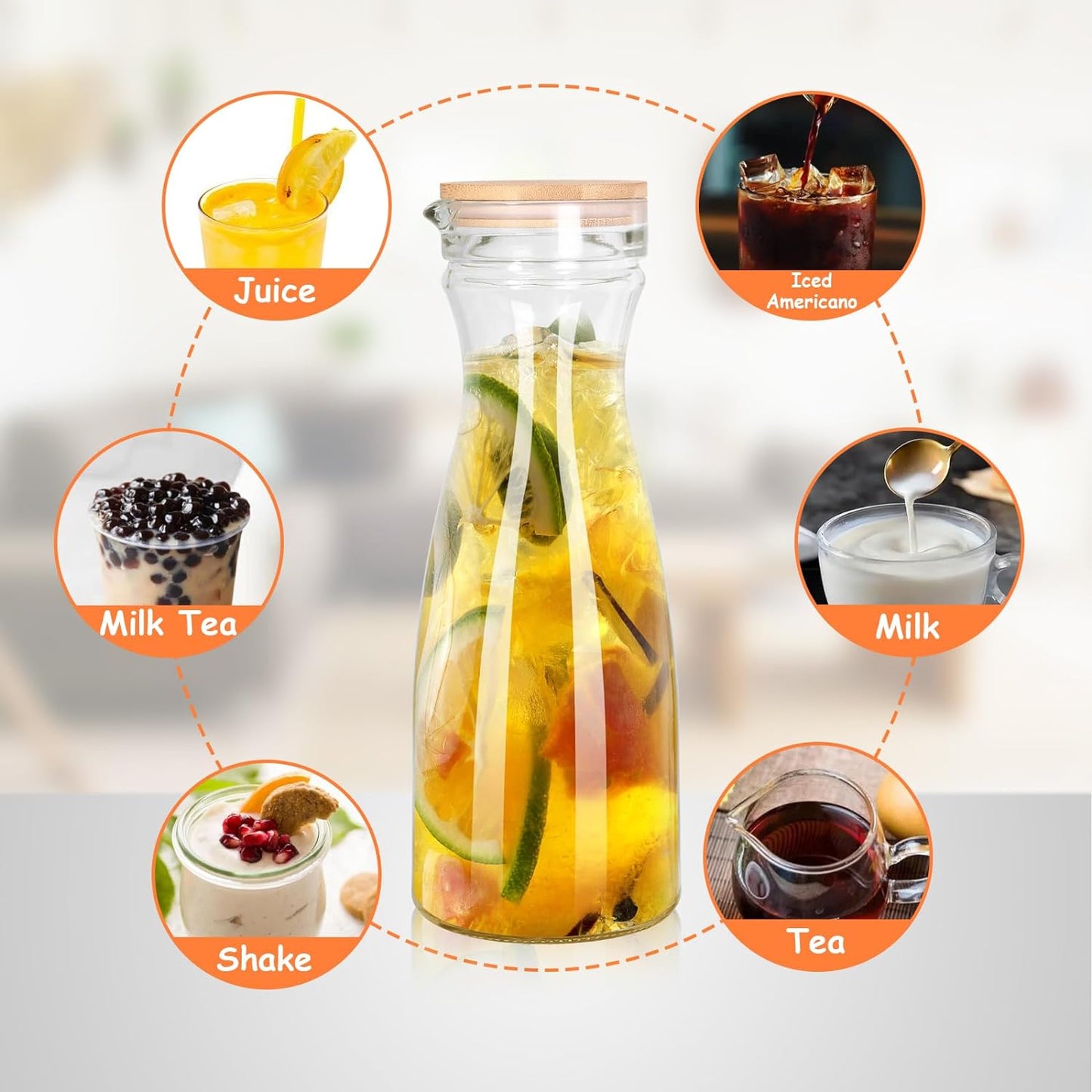 Set of 4 Glass Carafe with 4 Lids, 40 oz Beverage Pitcher Carafe Set for Mimosa Bar, 1 Liter Water Carafe, Juice Carafe for Brunch, Cold Water, Milk, Iced Tea, Lemonade - 4 Wooden Chalkboard Tags