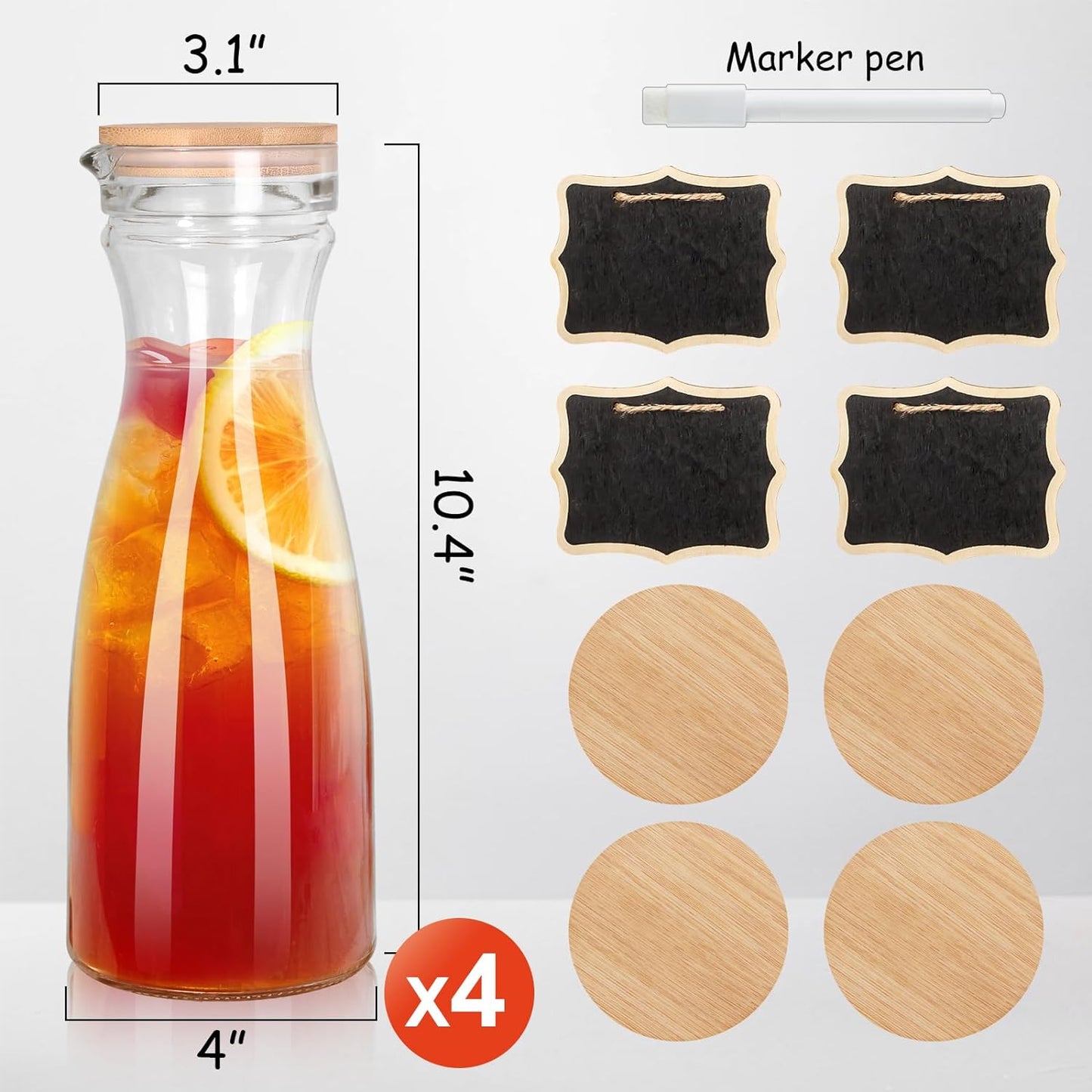 Set of 4 Glass Carafe with 4 Lids, 40 oz Beverage Pitcher Carafe Set for Mimosa Bar, 1 Liter Water Carafe, Juice Carafe for Brunch, Cold Water, Milk, Iced Tea, Lemonade - 4 Wooden Chalkboard Tags