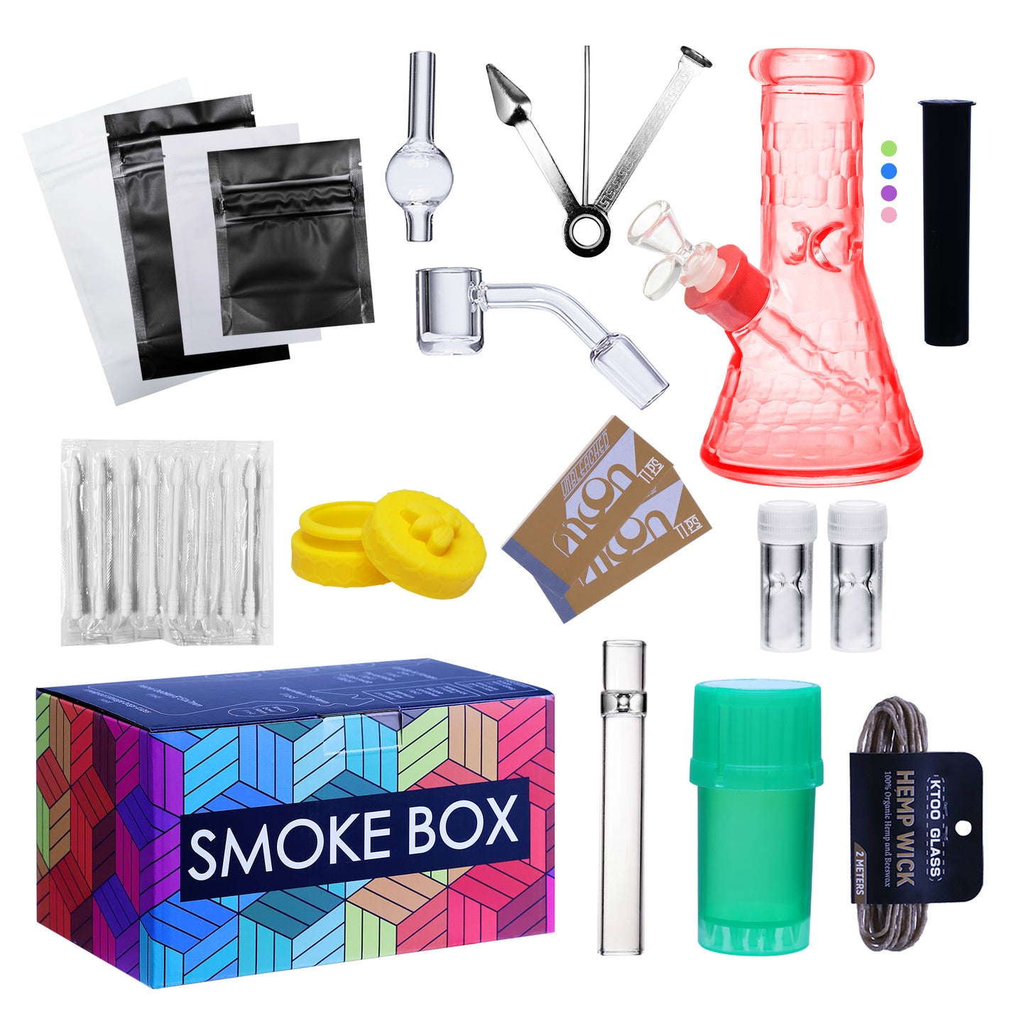 Complete Water Pipe Kit with Colorful Glass Water Pipe - Smoke Box Set