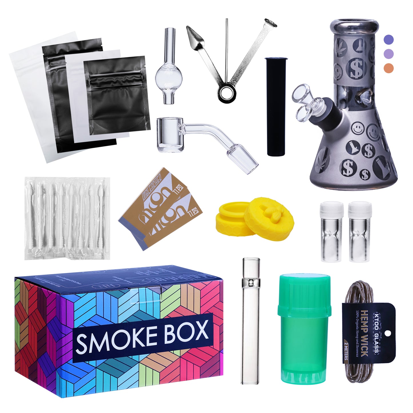 Complete Water Pipe Kit with Colorful Glass Water Pipe - Smoke Box Set