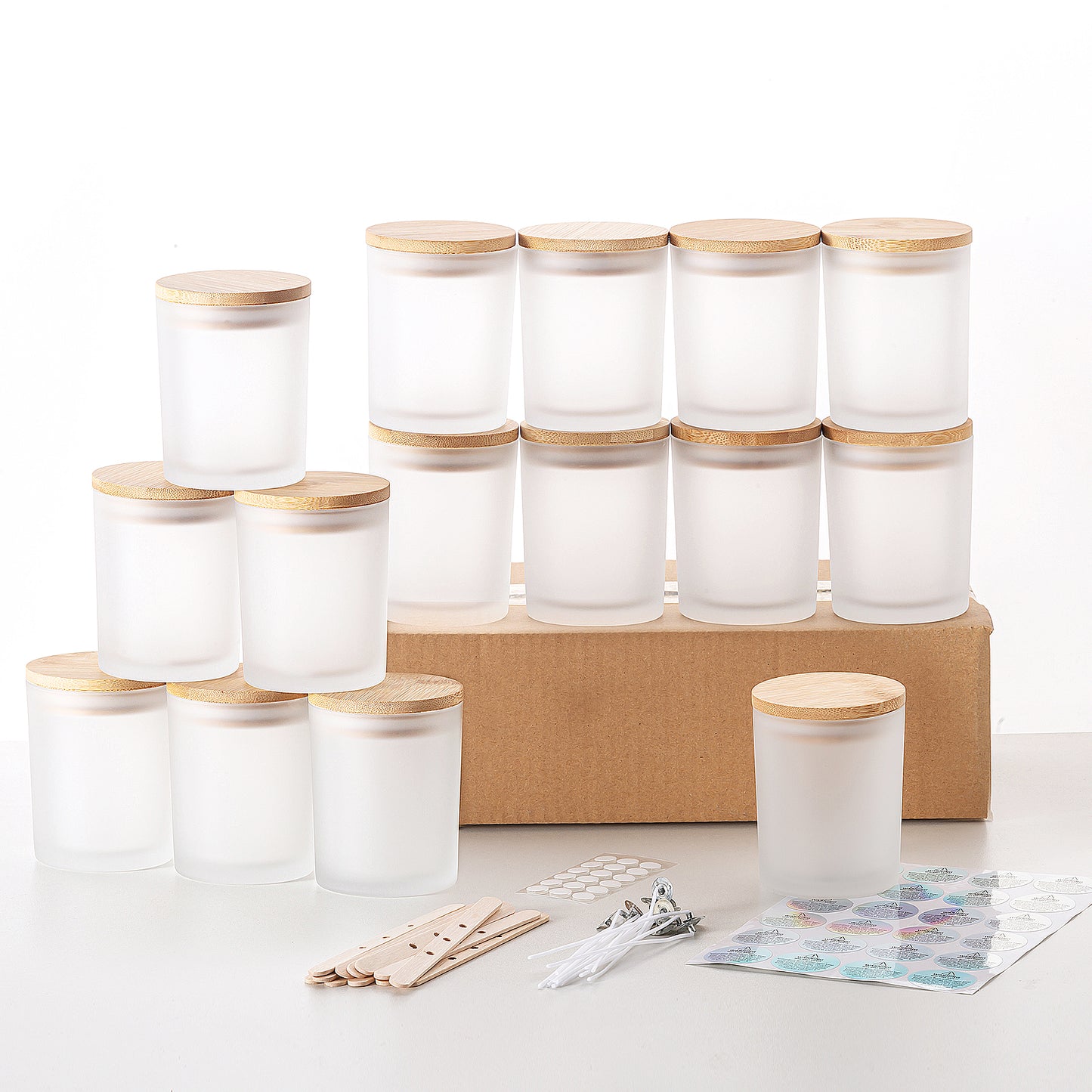 15 Pack 7 oz Clear Glass Candle Jars with Bamboo Lids – Candle Making Kit Includes Wick Holders, Wicks, Labels, and Glue Dots – Reusable and Versatile