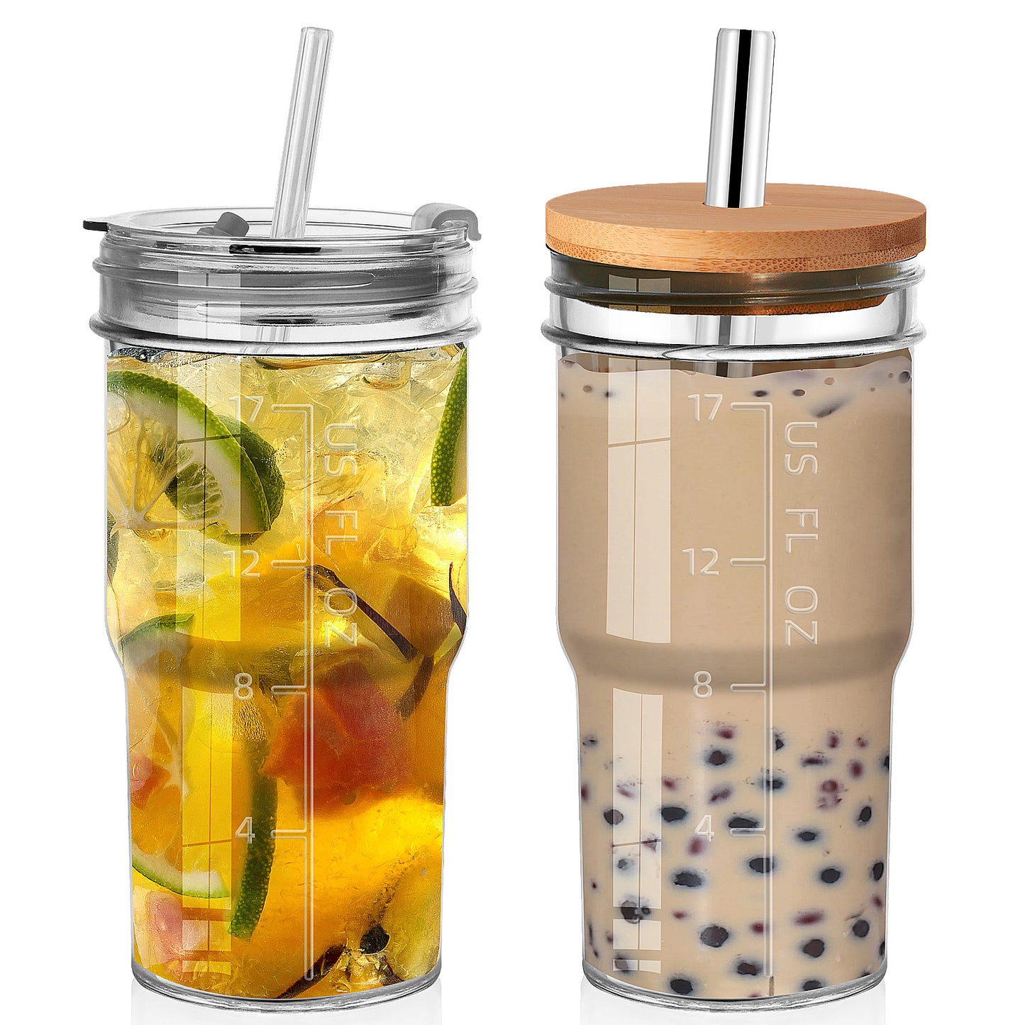2-Pack Glass Cups with Lids and Straws, 20oz Wide Mouth Drinking Jars for Bubble Tea, Iced Coffee, Smoothies, and More - Reusable Tumbler with Bamboo Lids, Perfect Gift Set