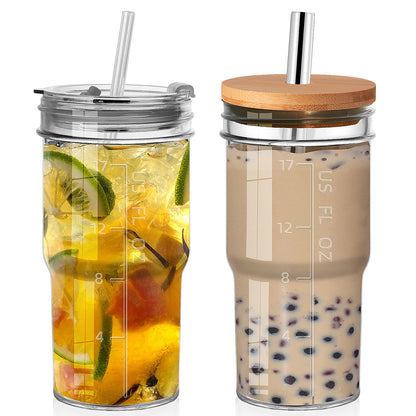 2-Pack Glass Cups with Lids and Straws, 20oz Wide Mouth Drinking Jars for Bubble Tea, Iced Coffee, Smoothies, and More - Reusable Tumbler with Bamboo Lids, Perfect Gift Set