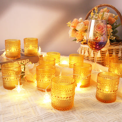 12 pcs Amber Glass Votive Candle Holders – Tealight Candle Holders for Weddings, Table Centerpieces, Home and Holiday Decor