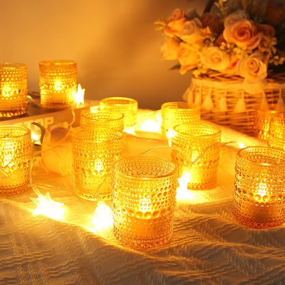 12 pcs Amber Glass Votive Candle Holders – Tealight Candle Holders for Weddings, Table Centerpieces, Home and Holiday Decor