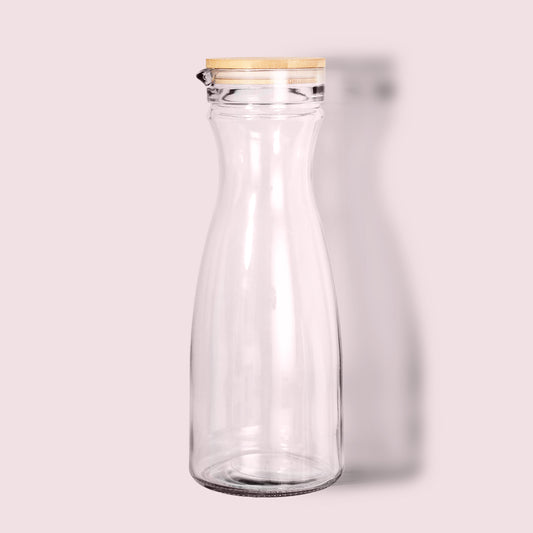 Set of 4 Glass Carafe with 4 Lids, 40 oz Beverage Pitcher Carafe Set for Mimosa Bar, 1 Liter Water Carafe, Juice Carafe for Brunch, Cold Water, Milk, Iced Tea, Lemonade - 4 Wooden Chalkboard Tags