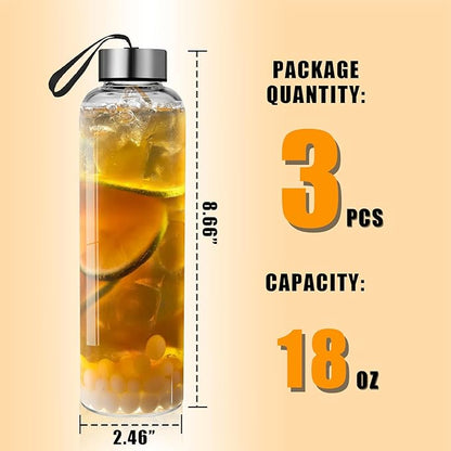 3-Pack 18 oz Glass Water Bottles with Sleeve and Lids – Ideal for Juices, Smoothies, and Reusable Liquid Storage, Wide Mouth Design for Easy Cleaning