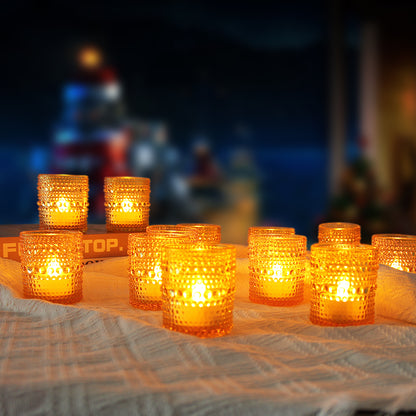 12 pcs Amber Glass Votive Candle Holders – Tealight Candle Holders for Weddings, Table Centerpieces, Home and Holiday Decor