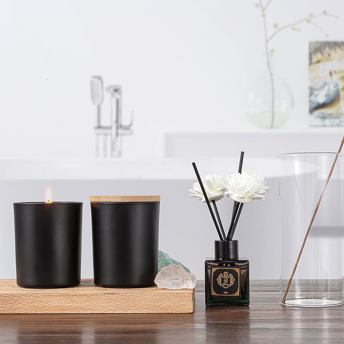 15 Pack 7 oz Matte Black Glass Candle Jars with Bamboo Lids – Candle Making Kit Includes Wick Holders, Wicks, Labels, and Glue Dots – Reusable and Multipurpose