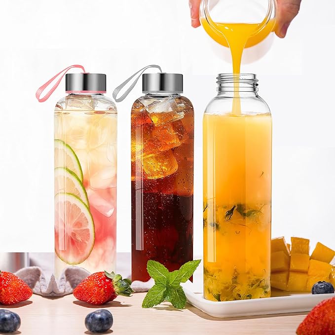 3-Pack 18 oz Glass Water Bottles with Sleeve and Lids – Ideal for Juices, Smoothies, and Reusable Liquid Storage, Wide Mouth Design for Easy Cleaning