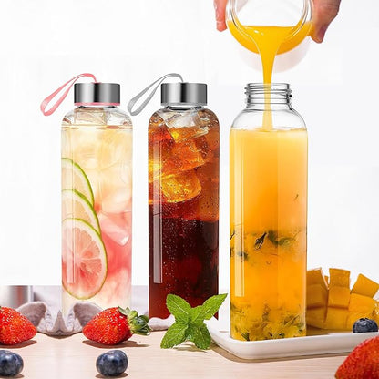 3-Pack 18 oz Glass Water Bottles with Sleeve and Lids – Ideal for Juices, Smoothies, and Reusable Liquid Storage, Wide Mouth Design for Easy Cleaning
