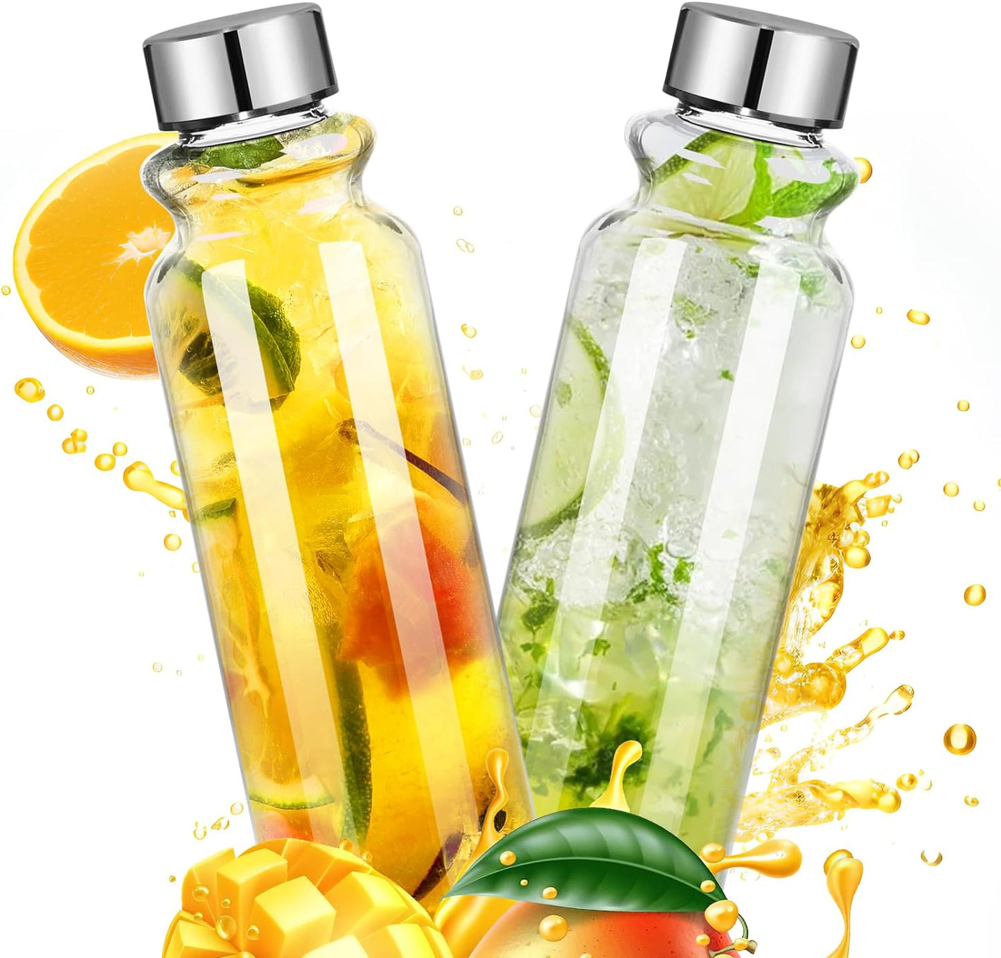 18oz Glass Water Bottles - 2 Pack with Lids, Wide Mouth Reusable Containers for Juice and Smoothies