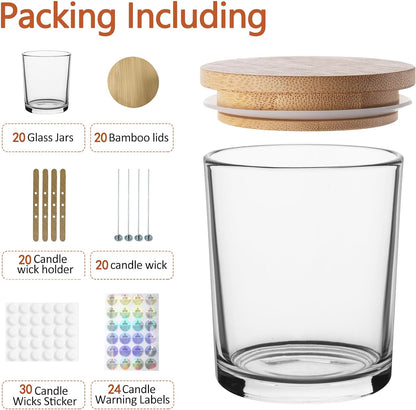 20 Pack 7 oz Clear Glass Candle Jars with Bamboo Lids – Candle Making Kit Includes Wick Holders, Wicks, Labels, and Glue Dots – Reusable and Versatile