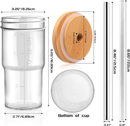 2-Pack Glass Cups with Lids and Straws, 20oz Wide Mouth Drinking Jars for Bubble Tea, Iced Coffee, Smoothies, and More - Reusable Tumbler with Bamboo Lids, Perfect Gift Set