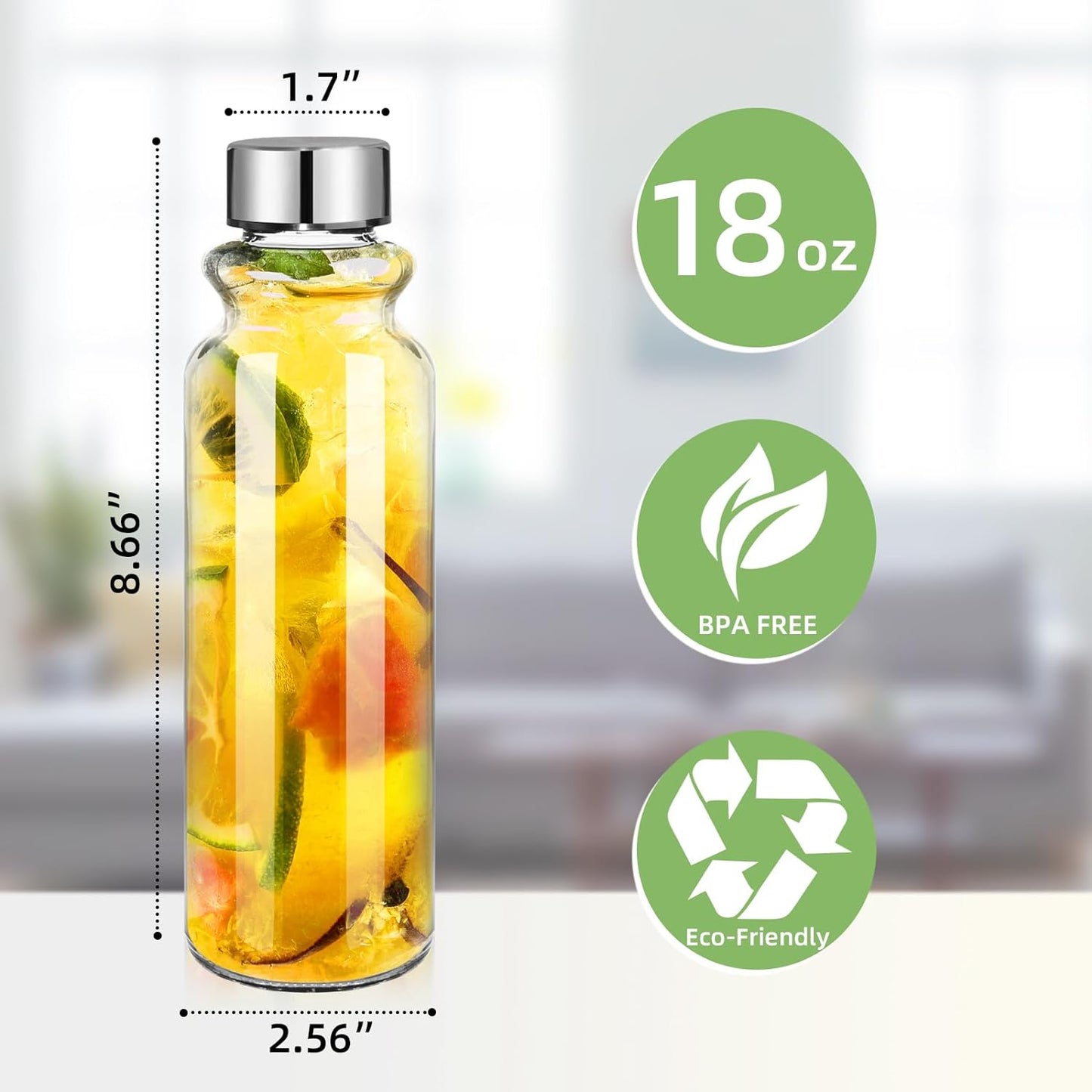18oz Glass Water Bottles - 2 Pack with Lids, Wide Mouth Reusable Containers for Juice and Smoothies