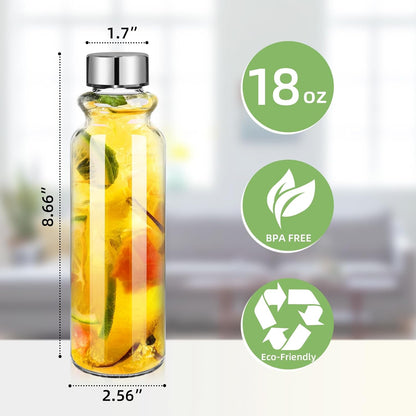 18oz Glass Water Bottles - 2 Pack with Lids, Wide Mouth Reusable Containers for Juice and Smoothies