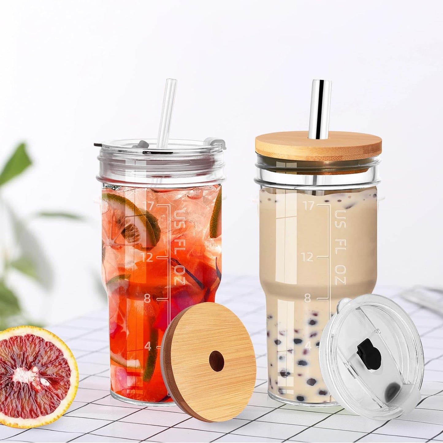 2-Pack Glass Cups with Lids and Straws, 20oz Wide Mouth Drinking Jars for Bubble Tea, Iced Coffee, Smoothies, and More - Reusable Tumbler with Bamboo Lids, Perfect Gift Set