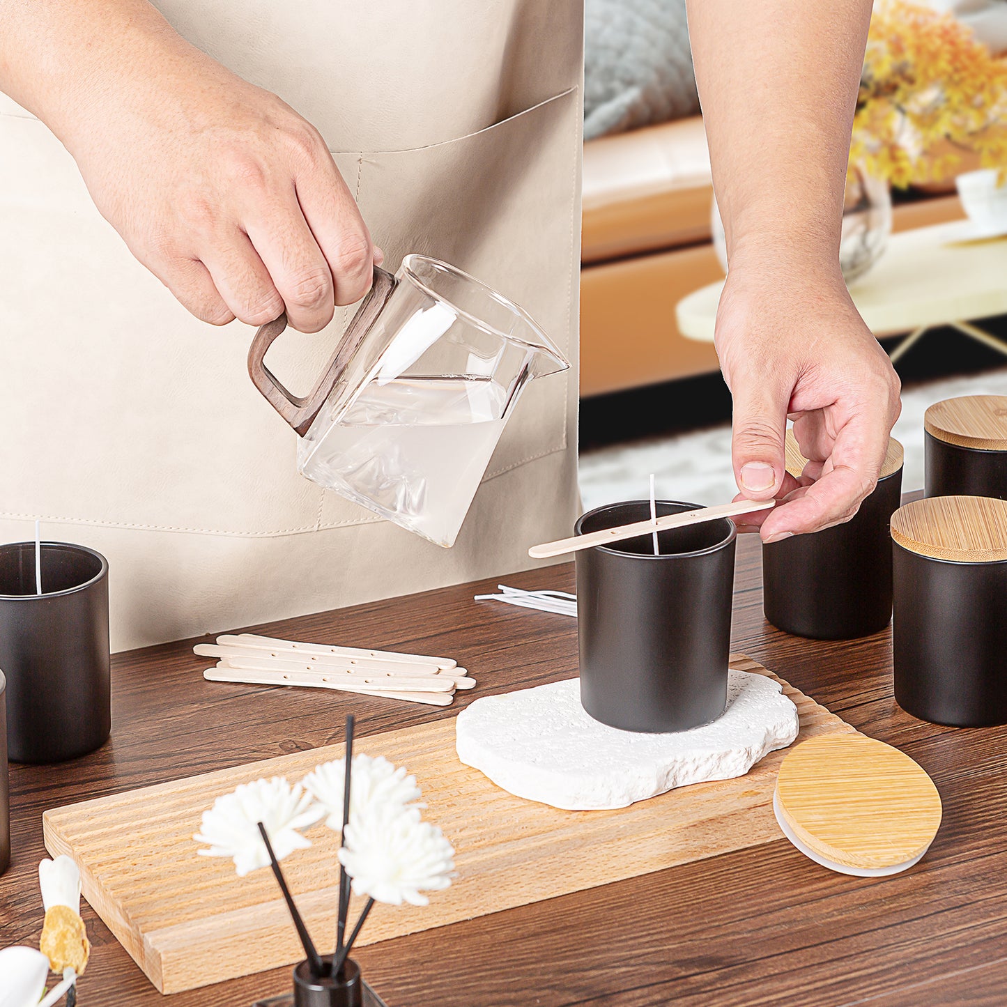15 Pack 7 oz Matte Black Glass Candle Jars with Bamboo Lids – Candle Making Kit Includes Wick Holders, Wicks, Labels, and Glue Dots – Reusable and Multipurpose