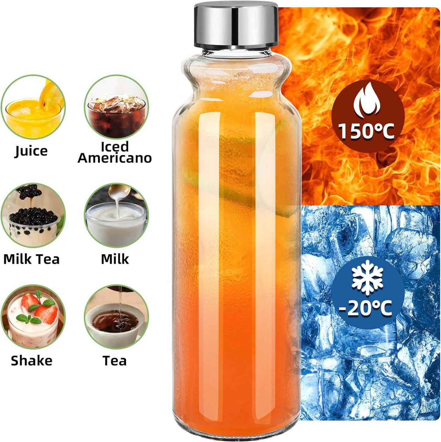 18oz Glass Water Bottles - 2 Pack with Lids, Wide Mouth Reusable Containers for Juice and Smoothies