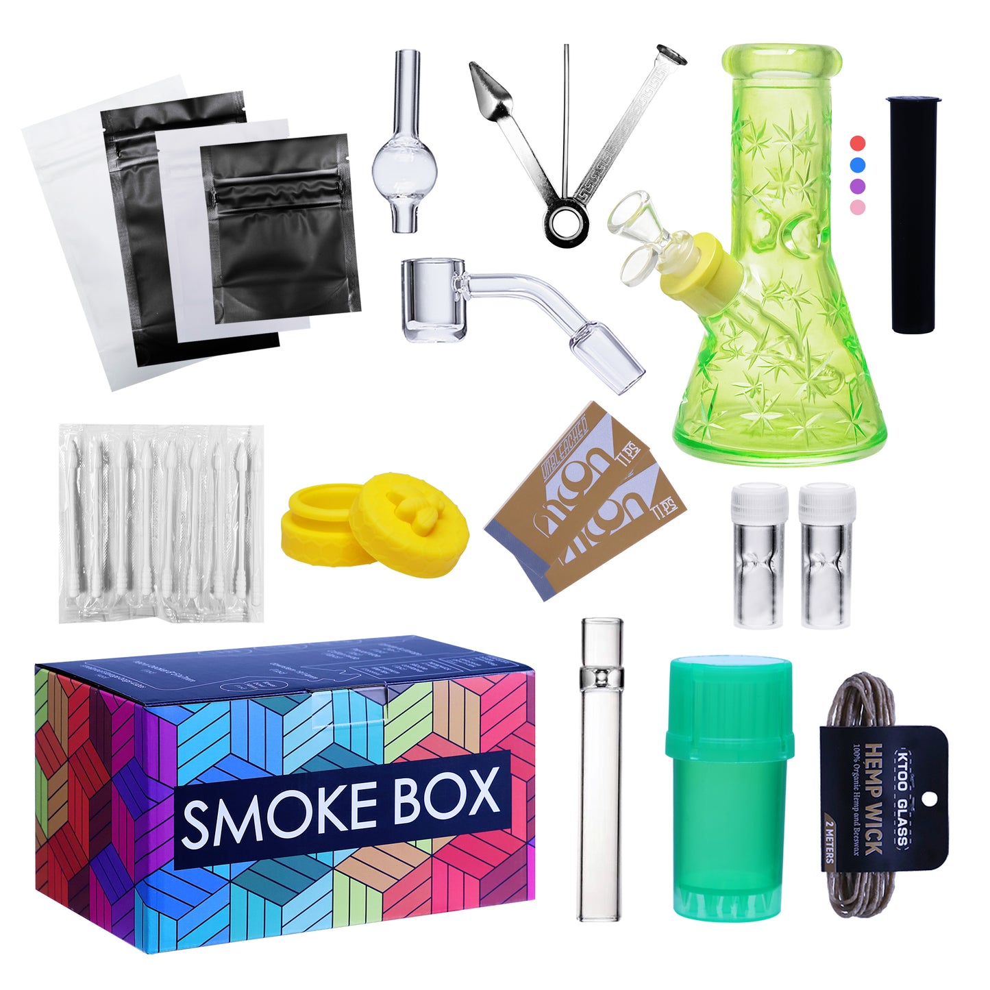 Complete Water Pipe Kit with Colorful Glass Water Pipe - Smoke Box Set