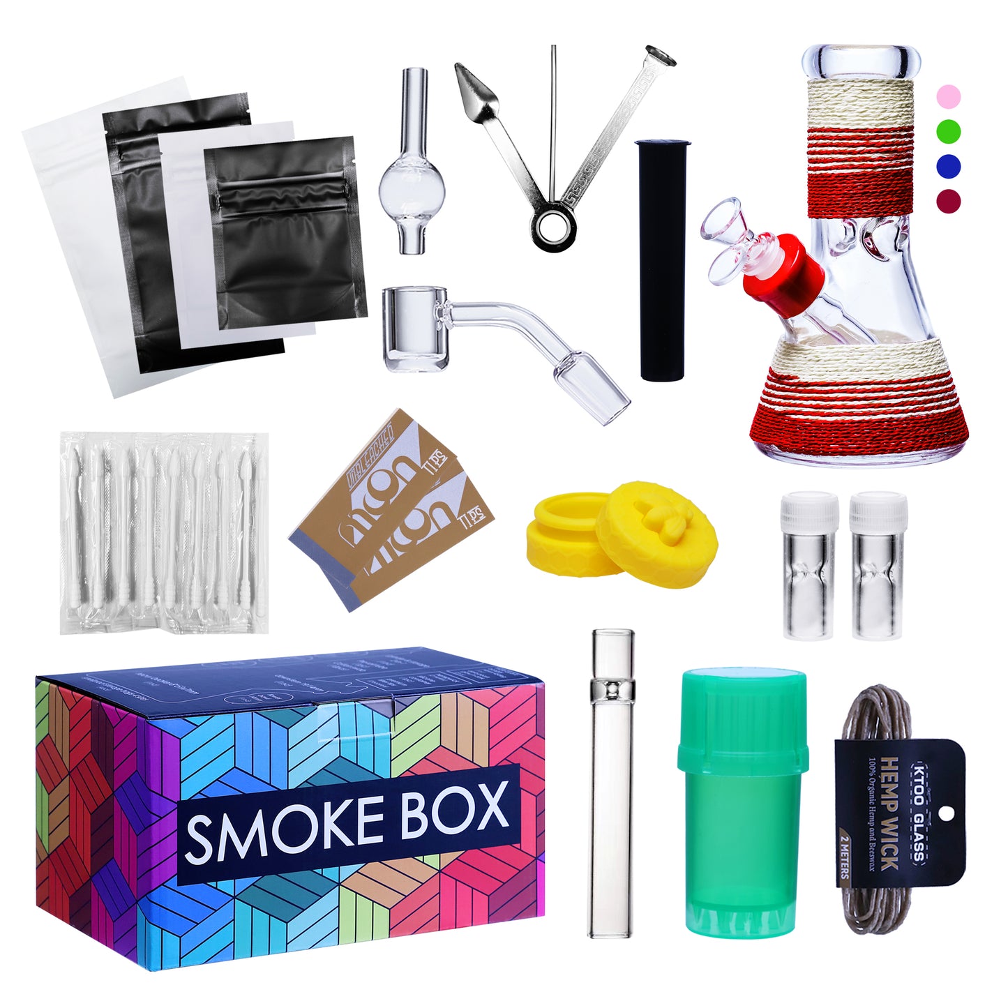Complete Water Pipe Kit with Colorful Glass Water Pipe - Smoke Box Set