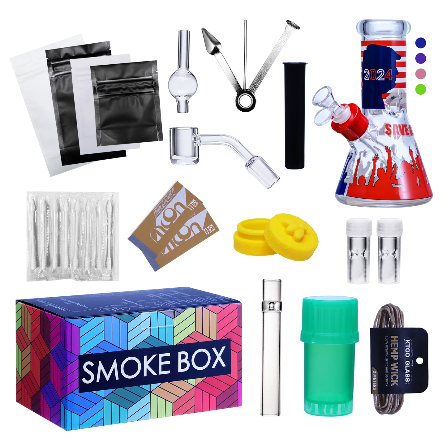Complete Water Pipe Kit with Colorful Glass Water Pipe - Smoke Box Set